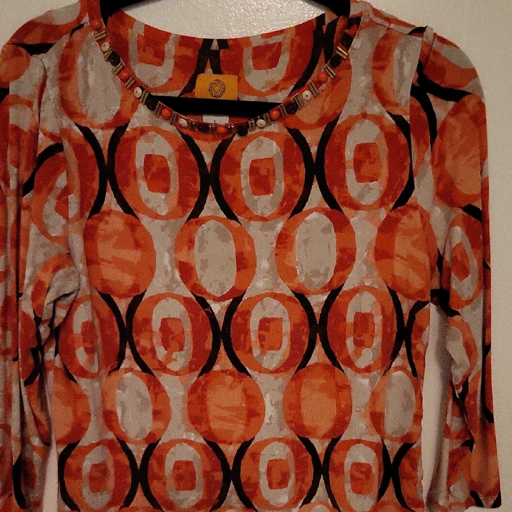 Ruby Rd. Orange Red Graphic 3/4 Sleeve Blouse